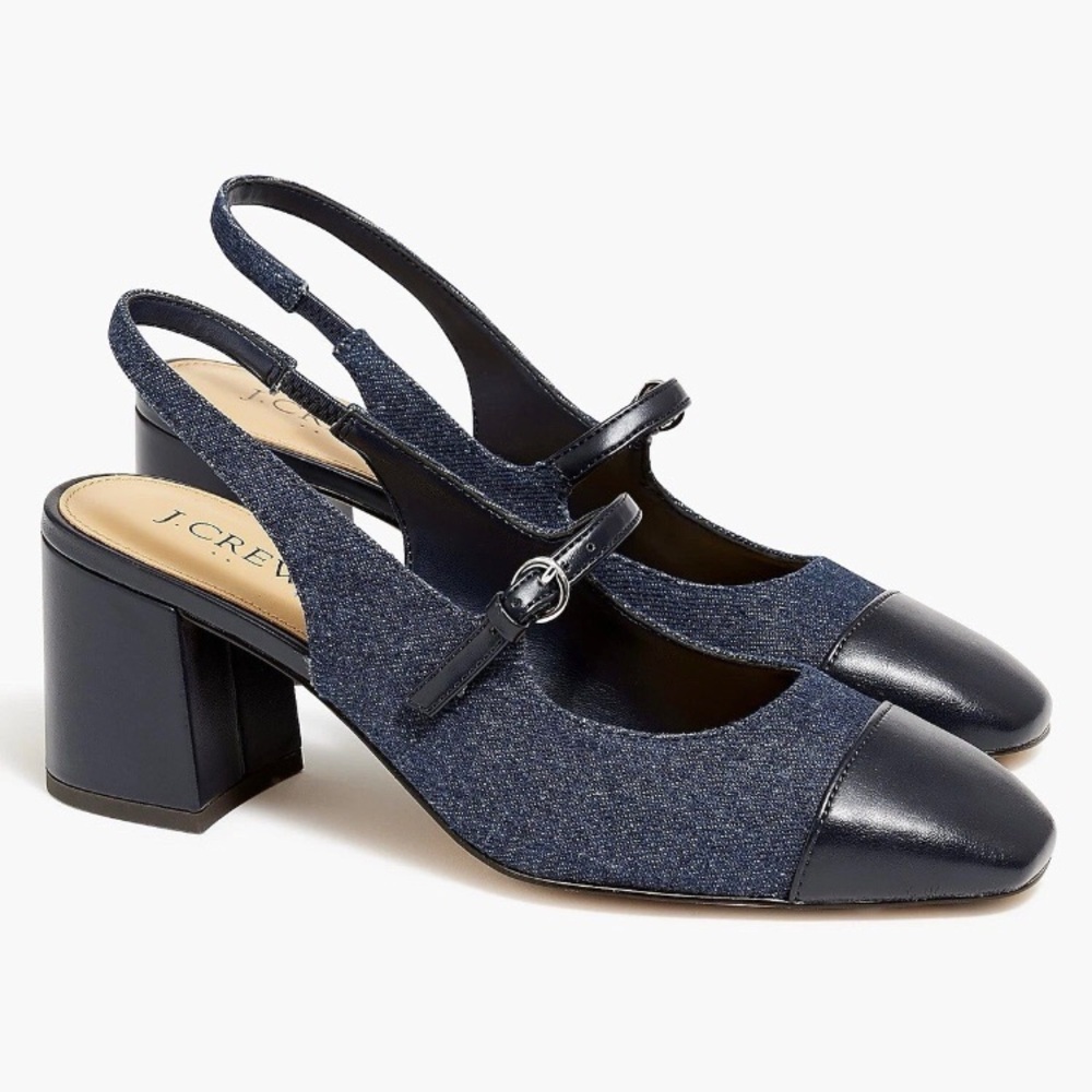 $148 J.Crew Factory Navy Blue Denim Mary Jane Slingback Block Heels Size 7